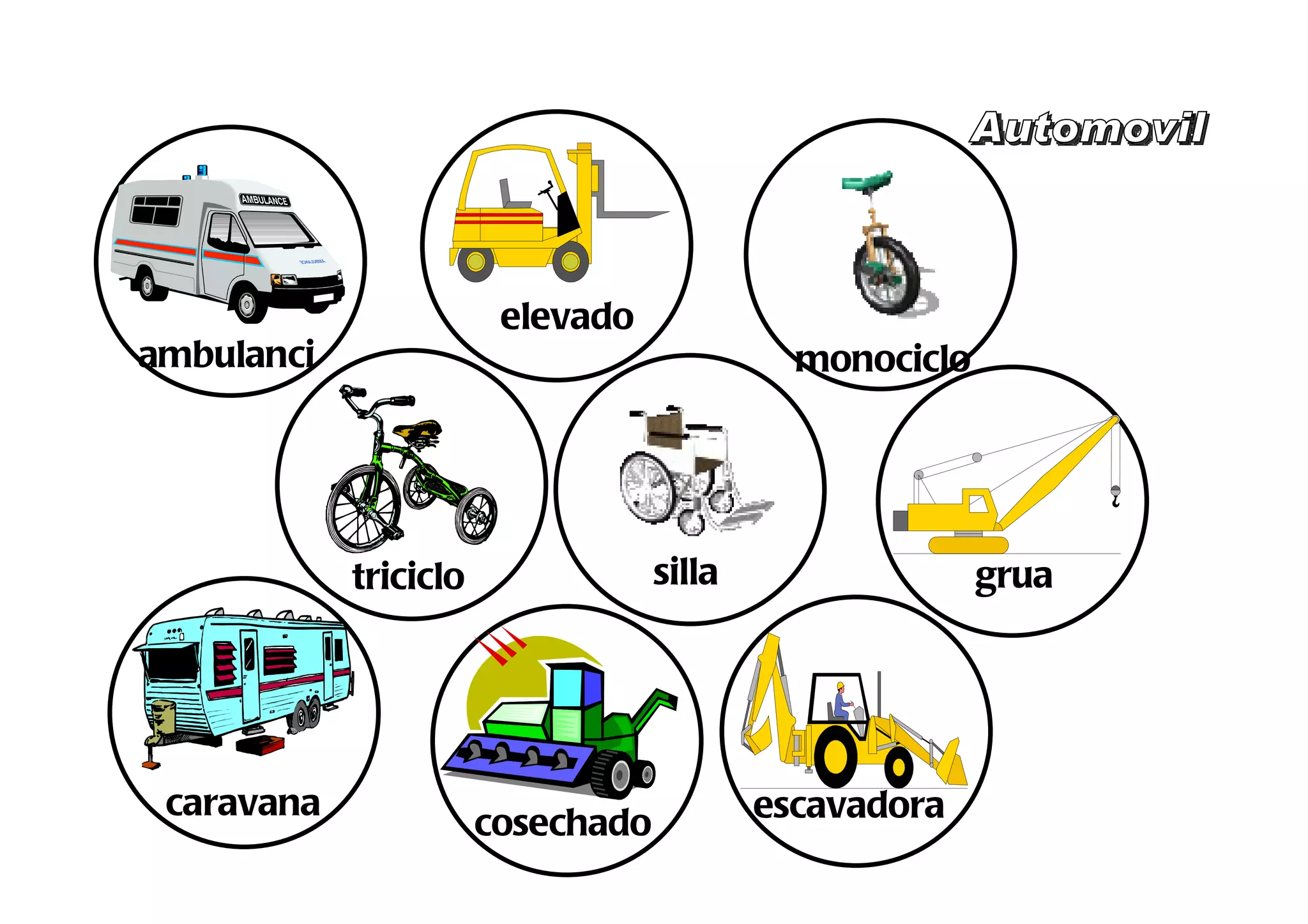 elevado
ambulanci                  r             monociclo




            triciclo           silla                 grua
                              ruedas



 caravana                              escavadora
                       cosechado
                           ra
 