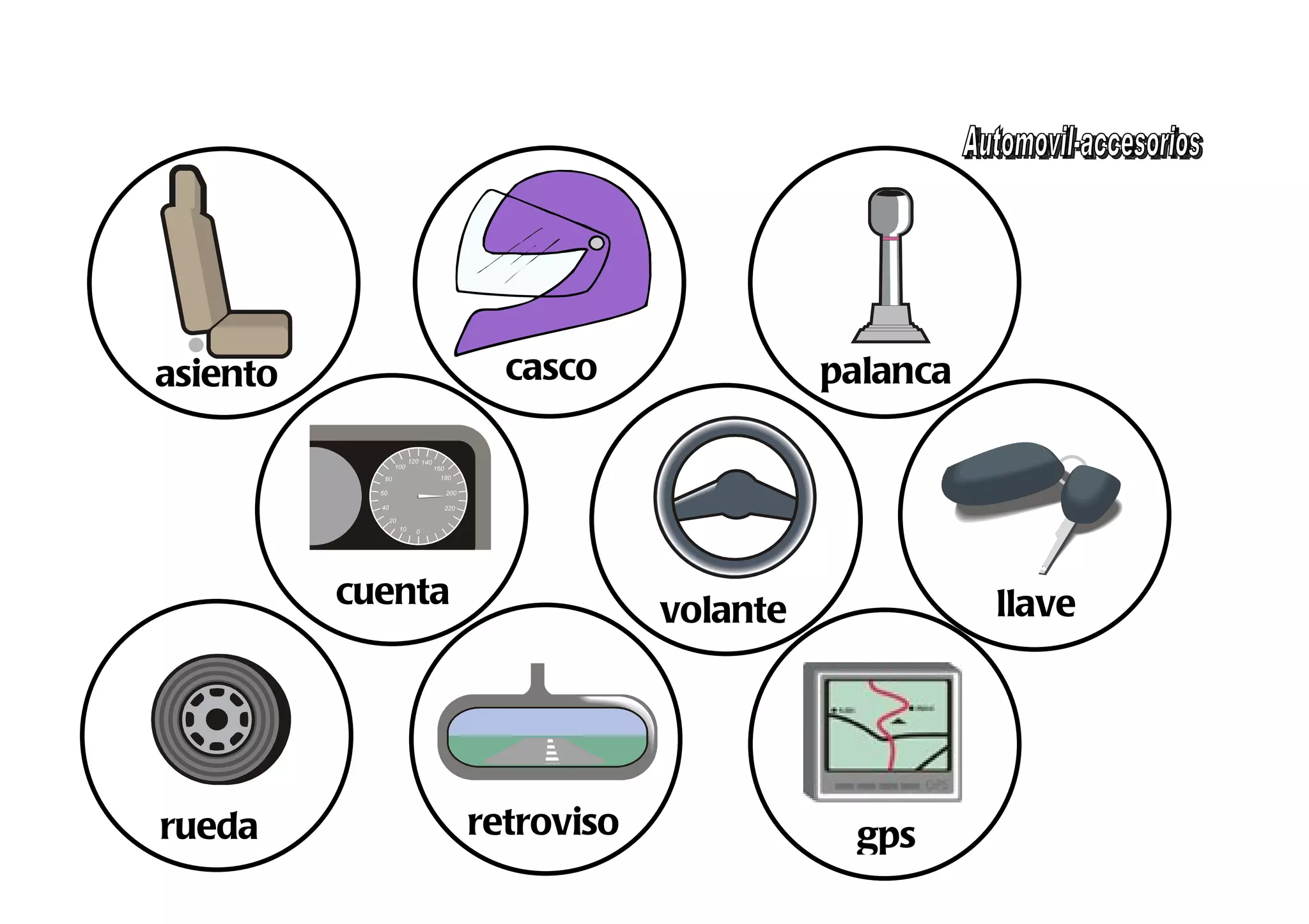 asiento              casco               palanca




          cuenta                                   llave
                               volante




rueda              retroviso              gps
 