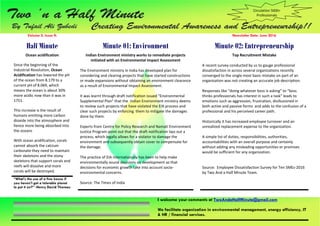 I welcome your comments at TwoAndaHalfMinute@gmail.com
We facilitate organization in environmental management, energy efficiency, IT
& HR / financial services.
Volume 2, Issue 9: Newsletter Date: June 2016
Half Minute Minute 01: Environment Minute 02: Entrepreneurship
Ocean acidification
Since the beginning of the
Industrial Revolution, Ocean
Acidification has lowered the pH
of the ocean from 8.179 to a
current pH of 8.069, which
means the ocean is about 30%
more acidic now than it was in
1751.
This increase is the result of
humans emitting more carbon
dioxide into the atmosphere and
hence more being absorbed into
the oceans
With ocean acidification, corals
cannot absorb the calcium
carbonate they need to maintain
their skeletons and the stony
skeletons that support corals and
reefs will dissolve and more
corals will be destroyed.
Indian Environment ministry works to remediate projects
initiated with an Environmental Impact Assessment
The Environment ministry in India has developed plan for
considering and clearing projects that have started constructions
or made expansions without obtaining an environment clearance
as a result of Environmental Impact Assessment.
It was learnt through draft notification issued "Environmental
Supplemental Plan" that the Indian Environment ministry deems
to review such projects that have violated the EIA process and
clear such projects by enforcing them to mitigate the damages
done by them.
Experts from Centre for Policy Research and Namati Environment
Justice Program point out that the draft notification lays out a
process, which legally allows for a violator to damage the
environment and subsequently obtain cover to compensate for
the damage.
The practice of EIA internationally has been to help make
environmentally sound decisions on development so that
decisions for economic growth take into account socio-
environmental concerns.
Source: The Times of India
Top Recruitment Mistake
A recent survey conducted by us to gauge professional
dissatisfaction in across several organizations recently
converged to the single most basic mistake on part of an
organization was not creating an accurate job description.
Responses like “doing whatever boss is asking” to “boss
thinks professionals has interest in such a task” leads to
emotions such as aggression, frustration, disillusioned in
both active and passive forms and adds to the confusion of a
professional and his perceived career path.
Historically it has increased employee turnover and an
unrealized replacement expense to the organization.
A simple list of duties, responsibilities, authorities,
accountabilities with an overall purpose and certainly
without adding any misleading opportunities or promises
would be sufficient for any organization.
Source: Employee Dissatisfaction Survey for Ten SMEs-2016
by Two And a Half Minute Team.
“What's the use of a fine house if
you haven't got a tolerable planet
to put it on?” -Henry David Thoreau
Circulation 5000+
Professionals
 