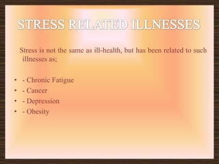 NEGATIVE STRESSNegative stress is also called distress.  Negative comes from an overload of stressors usually over-bearing the individual to the point of breaking. Negative stress usually wears out a persons body causing fatigue and over-tiredness.This can also lead to depression, anxiety, lower self esteem and other mental health issues.