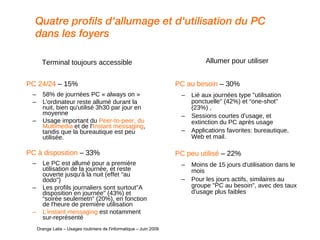 Quatre profils d'allumage et d'utilisation du PC dans les foyers Terminal toujours accessible PC 24/24  – 15% 58% de journées PC « always on » L'ordinateur reste allumé durant la nuit, bien qu'utilisé 3h30 par jour en moyenne Usage important du  Peer-to-peer, du Multimedia  et de l' Instant messaging , tandis que la bureautique est peu utilisée. PC à disposition   – 33% Le PC est allumé pour a première utilisation de la journée, et reste ouverte jusqu'à la nuit (effet "au dodo") Les profils journaliers sont surtout"A disposition en journée" (43%) et “soirée seulemetn” (20%), en fonction de l'heure de première utilisation L'instant messaging  est notamment sur-représenté Allumer pour utiliser PC au besoin  – 30% Lié aux journées type "utilisation ponctuelle" (42%) et “one-shot” (23%) ,  Sessions courtes d'usage, et extinction du PC après usage Applications favorites: bureautique, Web et mail. PC peu utilisé  – 22% Moins de 15 jours d'utilisation dans le mois Pour les jours actifs, similaires au groupe "PC au besoin", avec des taux d'usage plus faibles   Orange Labs – Usages routiniers de l'informatique – Juin 2009 