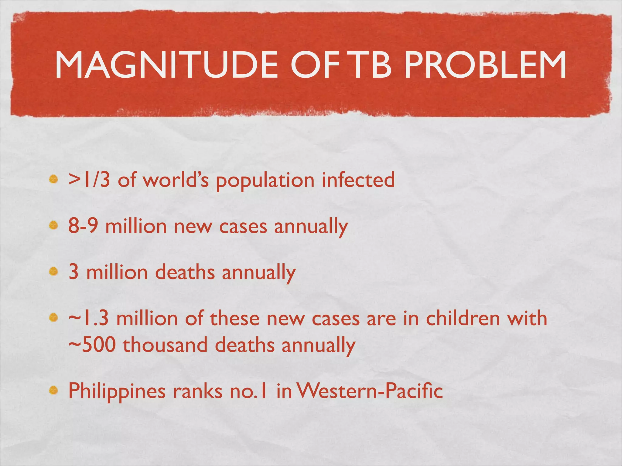 MAGNITUDE OF TB PROBLEM

>1/3 of world’s population infected

8-9 million new cases annually

3 million deaths annually

~1.3 million of these new cases are in children with
~500 thousand deaths annually

Philippines ranks no.1 in Western-Paciﬁc
 