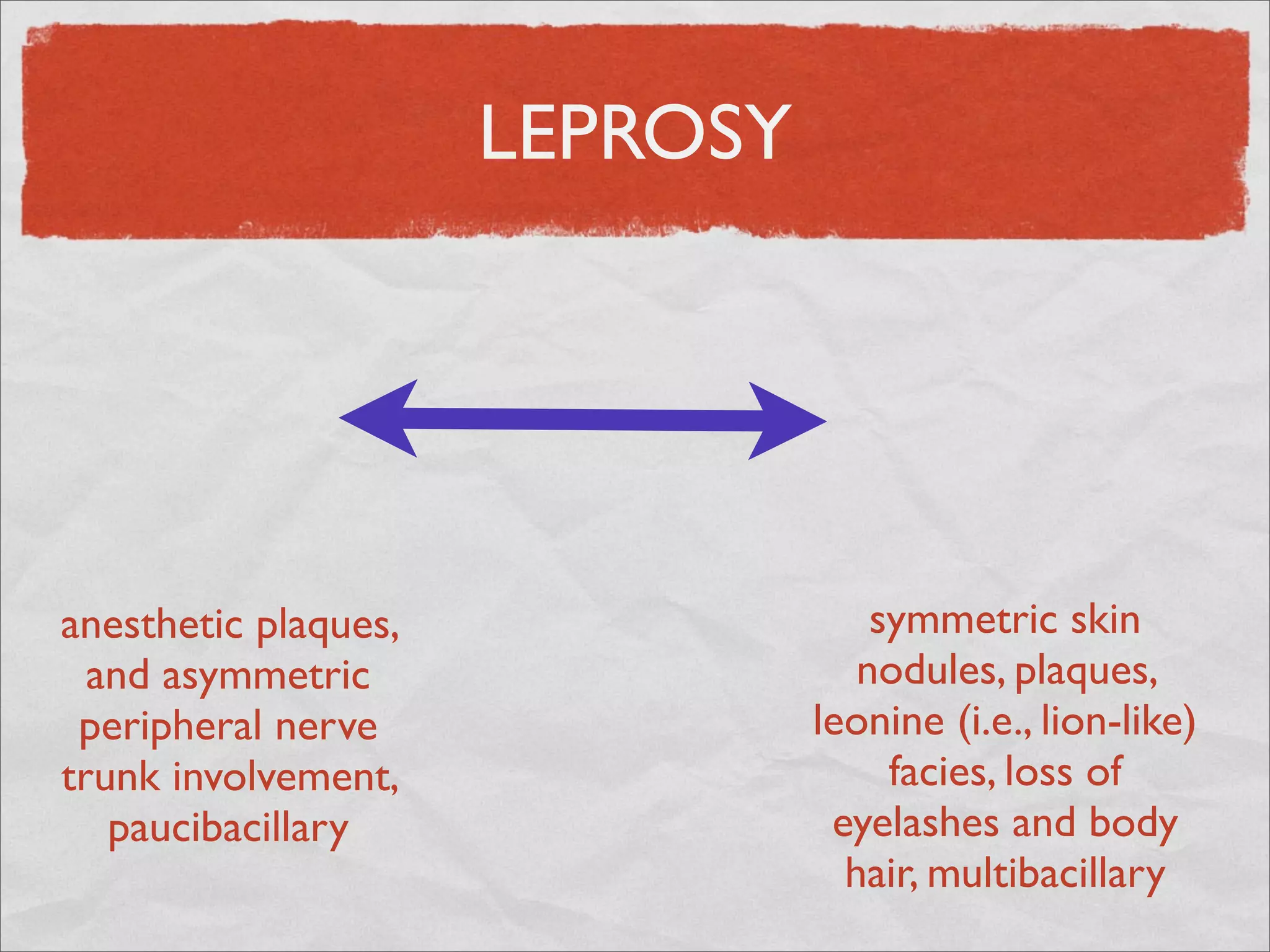 LEPROSY




anesthetic plaques,                 symmetric skin
  and asymmetric                   nodules, plaques,
 peripheral nerve               leonine (i.e., lion-like)
trunk involvement,                   facies, loss of
   paucibacillary                eyelashes and body
                                  hair, multibacillary
 
