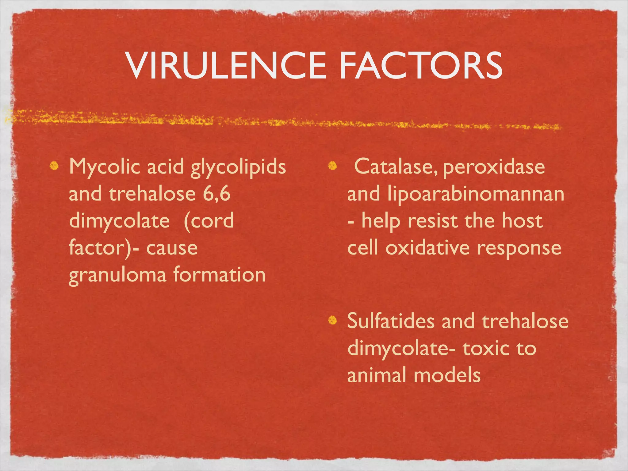 VIRULENCE FACTORS

Mycolic acid glycolipids      Catalase, peroxidase
and trehalose 6,6          and lipoarabinomannan
dimycolate  (cord          - help resist the host
factor)- cause             cell oxidative response 
granuloma formation        	


                           Sulfatides and trehalose
                           dimycolate- toxic to
                           animal models
 