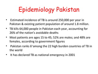 Epidemiology Pakistan
• Estimated incidence of TB is around 250,000 per year in
  Pakistan & existing patient population of around 1.8 million.
• TB kills 64,000 people in Pakistan each year, accounting for
  26% of the nation's avoidable deaths
• Most patients are ages 15 to 45; 52% are males; and 48% are
  females, according to government figures
• Pakistan ranks 6th among the 22 high burden countries of TB in
  the world
• It has declared TB as national emergency in 2001
 