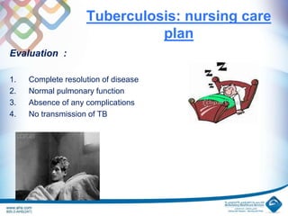 Tuberculosis: nursing care
plan
Evaluation :
1. Complete resolution of disease
2. Normal pulmonary function
3. Absence of any complications
4. No transmission of TB
 