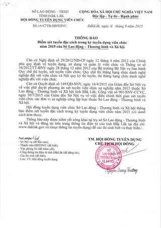 SO LAO OONC _ TBXFI CSNG HOA XA UgI CIIU NCrriA VIPT NAM
riwn DAK LAK D0" t0p - T,f do - Ha"h phf.
ngr oONG TUyEN pUNG vrfiN curtc ---e-
tU'r1q<e/TB-HDTDVC PdkLak, ngdy+| thdng 9 ndm 2015
THONG nAo
Ei6m x6t tuy6n d{c cich trong k} tuy6n dqng vi6n chrfrc
nim 2015 cria SO l,gg iQ4g:llgong binh vir Xi hQi
Cdn grg Ngi dinh s6 2912012/ND-CP ngdy 12 thfng 4 ndm2012 cua Chinh
qll ^ryf._qi4 yr_ tuy6n 4ryg, sri dpng ve quan ly vi6n chric vd Th6ng tu s0
l6l20l2lTT-BNV ngay 28 thdng 12 ndm 201i cua Iig truong B9 Ngi v.u b;n henh
ayf :t i .tl'i pyql, iei tuycn y!?n chric; euv .tr6 thi triare iarl;i;; f;rh ;*hC
"glti9p 9li "y.i
r1i-€n ghrlc vd NQi quy ky thi tuy6n, thi theng nanE chric danh
"[trenghiqp ddi v6i vi€n chirc.
. .9dn:y QuVFt d-inh sO l4glQD-St$V, ngdy 161412015 ctra Gi6m d6c So Noi v.u
v6 vi6c ph6 duyQt phuong 6n x6t tuy6n vi€n chuc su nghiOp ndm 2015 thu6b So
La9 dQlg_:Tlry*g bjnh vd xe hOi tinh Dak tik; cong vdn so qovsNv-cbvc,
ngey 30.1712015 cira Gi6m d6c So NQi vu v€ viQc di6u chinh thoi gian x6t tuy6n
vi6n chric c6c dcm vi str nghiQp c6ng lflp tryc thuQc Sd Lao dQng - Tf,ucrng binh vd
xa hoi.
1 . H6i <16ng tuy6n dpng.vi€n chric So La"o dQng - Thucrng binh vd Xe h6i th6ng
b6o. dj6m x6t tuy6n ttpc c6ch trong kj' tuy6n dung vi€n ch[c ndm Z0l5 (c6 danfr
sdch kdm theo).
. _
f!6q8 Q6g nny dugc^niOm y6t cdng khai tpi tru sd So Lao dpng - Thucng binh
vd X5 hQi vd ddng tii tr6n trang th6nf tin di€n ttr cria tinh Dek LhU ai di-a chi:
www.daklak.gov.vn (mqc thdng tin tuy6n dung) d6 c6c thi sinh birit vi thuc hi€n./.
Noi nhQn:,Ll,il -
- S0 NOi vp (d€ 66o c6o);
- Thanh vi6n HDTDVC (AC Ut60;
- Vdn phdng SO 146 ni€m yi5t);
- C0ng th6ng tin.cliqn tu tinh OaU.ak (dd dang tin);
- C6c thi sinh (dO bi€t);
- Luu: VT; HQi ct6ng tuytin dqng.
9*yf-e?
TM. HQI DONG TUYEN DUNG
CH gr DONG
6/,
6[rn
 