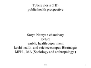 Tuberculosis (TB)
public health prospective
Surya Narayan chaudhary
lecture
public health department
koshi health and science campus Biratnagar
MPH , MA (Sociology and anthropology )
1SNC
 