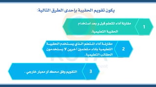 1
‫اس‬ ‫بعد‬ ‫و‬ ‫قبل‬ ‫املتعلم‬ ‫أداء‬ ‫مقارنة‬
‫تخدام‬
‫التعليمية‬ ‫احلقيبة‬
.
2
‫احل‬ ‫نتخدم‬‫ن‬‫ن‬‫ن‬‫س‬‫ي‬ ‫نذي‬‫ن‬‫ن‬‫ن‬‫ل‬‫ا‬ ‫نتعلم‬‫ن‬‫ن‬‫ن‬‫مل‬‫ا‬ ‫أداء‬ ‫نة‬‫ن‬‫ن‬‫ن‬‫ن‬‫مقار‬
‫نة‬‫ن‬‫ن‬‫ن‬‫ب‬‫قي‬
‫ي‬ ‫ال‬ ‫نرين‬‫خ‬‫آ‬ ‫نتعلمني‬‫م‬ ‫باداء‬ ‫التعليمية‬
‫نتخدمون‬‫س‬
‫التعليمية‬ ‫احلقائب‬
.
‫خارجي‬ ‫معيار‬ ‫أو‬ ‫حمك‬ ‫وفق‬ ‫التقويم‬
. 3
‫التالية‬ ‫الطرق‬ ‫بإحدى‬ ‫احلقيبة‬ ‫تقويم‬ ‫يكون‬
:
 