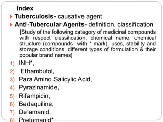 Index
 Tuberculosis- causative agent
 Anti-Tubercular Agents- definition, classification
[Study of the following categor...