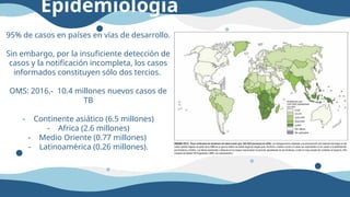 95% de casos en países en vías de desarrollo.
Sin embargo, por la insuficiente detección de
casos y la notificación incompleta, los casos
informados constituyen sólo dos tercios.
OMS: 2016.- 10.4 millones nuevos casos de
TB
- Continente asiático (6.5 millones)
- Africa (2.6 millones)
- Medio Oriente (0.77 millones)
- Latinoamérica (0.26 millones).
Epidemiologia
 