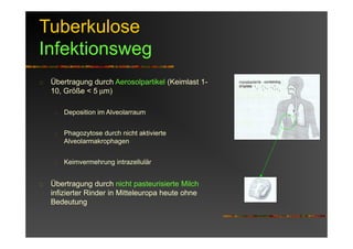 Tuberkulose
Infektionsweg
Übertragung durch Aerosolpartikel (Keimlast 1-
10, Größe < 5 µm)
Deposition im Alveolarraum
Phagozytose durch nicht aktivierte
Alveolarmakrophagen
Keimvermehrung intrazellulär
Übertragung durch nicht pasteurisierte Milch
infizierter Rinder in Mitteleuropa heute ohne
Bedeutung
 