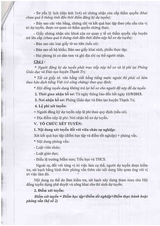 I
4
I
t1
I
f:, '
E
f
F*?'
I
- So y6u ly lich (d6n anh 3x4) c6 chimg nhfln cria c6p thAm quydn fthai
chua qud 6 thdng tinh d€n thdi di€m ddng lV dw tuydn);
- B6n sao c6c vdn bing, chrmg chi vd k6t qu6 hqc tpp theo y6u cAu cria vi
,ra,lit
tri dp tuy6n, dugc co quan c6 thAm quyOn chimg thgc; r
. Glay chimg nhfln sirc kho6 cria co qual y $ c6. thAm quyd,q c6p huyQn
tro l6n cdp (chua qud 6 thdng tinh d€n thdi di€m np h6 so dry tuydfl;
BAn sao c5c lo4i eiey td uu ti€n (n€u co);
- Bin sao sO h0 khAu; BAn sao gi6y khai sinh, phiiiu thgc tflp;
)
- Hai phong bi c6 d5n tem vd ghi dia chi c9 th6 ngudi nhfln.
Chrt i,..
* Ngu'di ddng lry drr mydn phdi trtsc ti€p nqp h6
Gido duc vd Ddo tso huy€n Thqnh Tri;
so vd l€ ph{ tqi Phdng
* Tdt cd gidy td, vdn bdng vi€t blng ti6ng nu6c ngodi thi phdi c6 kdm
theo bdn dich ti€ng Viet @o c6ng ch{rng) thero quy dlnh; I
* HOi ding tuydn d,ung kh6ng trd lqi hd so cho ngadi dd npp de du tuydn.
2. Thli gian nhfln hd scr: Tri ngdy th6ng b6o dtin hiit ngdy ll/g/2015.
3. Ncri nh$n hd scr: Phdng GiSo dUc vd Edo Qo huyen Thanh Tri.
4.LQ phf x6t tuy6n:
+ Ngudi ddng ky du tuy6n nQp lQ phi theo quy dinh (ntiu c6).
+ Ela di6m nQp lQ phi: Noi nhfln h6 so dg tuy6n.
V. T6 CHTIC XET TUYEN:
1. NOi dung x6t tuy6n a5i vfi vi6n chric sg nghiQpt
X6t ktit qui hsc tflp (di6m hsc tpp vd di6m t6t nghiep) + ph6ng v6n.
* NQi dung ph6ng v6n:
- Lupt viOn chirc;
- Luft gi6o duc;
- Dieu le trudrng MAm non; Ti6u hgc vd THCS.
Ngodi ra,.d5i v6i trmg vi tri viQc ldm cp th6, ngudi dg tuy6n dugc kiOm
/
tra, s6t hach bing hinh thuc ph6ng v6n th6m c5c nQi dung 1i6n quan rmg voi vi
tri viQc ldm d6. i'
,t
NQi dung cU th6 do Ban ki6m tra, sht hpch x6y dgng tham muu cho HQi
.l A I r A t A,  A 1 r . r t1 , . a
d6ng tuy6n dung ph0 duyQt vd c6ng khai cho thf sinh dg tuy6n.
2. Di6m x6t tuy6n:
DiOm xdt tuydn : Eihm hgc tQp+Dihm tilt nghipp+Dihm thryc hdnh hofic
t?X"
phdng vhn (hQ sO 2)
 