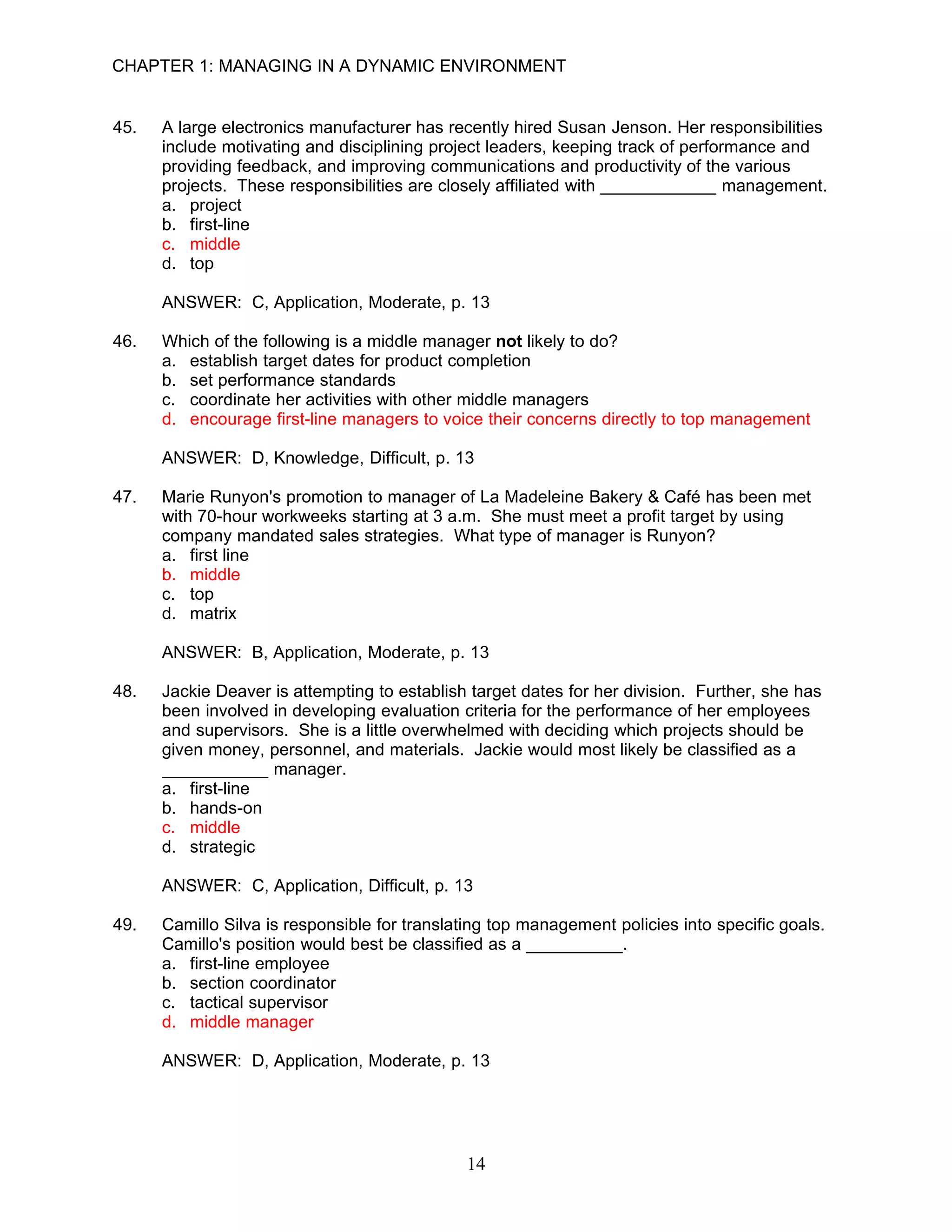 CHAPTER 1: MANAGING IN A DYNAMIC ENVIRONMENT


45.   A large electronics manufacturer has recently hired Susan Jenson. Her responsibilities
      include motivating and disciplining project leaders, keeping track of performance and
      providing feedback, and improving communications and productivity of the various
      projects. These responsibilities are closely affiliated with ____________ management.
      a. project
      b. first-line
      c. middle
      d. top

      ANSWER: C, Application, Moderate, p. 13

46.   Which of the following is a middle manager not likely to do?
      a. establish target dates for product completion
      b. set performance standards
      c. coordinate her activities with other middle managers
      d. encourage first-line managers to voice their concerns directly to top management

      ANSWER: D, Knowledge, Difficult, p. 13

47.   Marie Runyon's promotion to manager of La Madeleine Bakery & Café has been met
      with 70-hour workweeks starting at 3 a.m. She must meet a profit target by using
      company mandated sales strategies. What type of manager is Runyon?
      a. first line
      b. middle
      c. top
      d. matrix

      ANSWER: B, Application, Moderate, p. 13

48.   Jackie Deaver is attempting to establish target dates for her division. Further, she has
      been involved in developing evaluation criteria for the performance of her employees
      and supervisors. She is a little overwhelmed with deciding which projects should be
      given money, personnel, and materials. Jackie would most likely be classified as a
      ___________ manager.
      a. first-line
      b. hands-on
      c. middle
      d. strategic

      ANSWER: C, Application, Difficult, p. 13

49.   Camillo Silva is responsible for translating top management policies into specific goals.
      Camillo's position would best be classified as a __________.
      a. first-line employee
      b. section coordinator
      c. tactical supervisor
      d. middle manager

      ANSWER: D, Application, Moderate, p. 13




                                              14
 