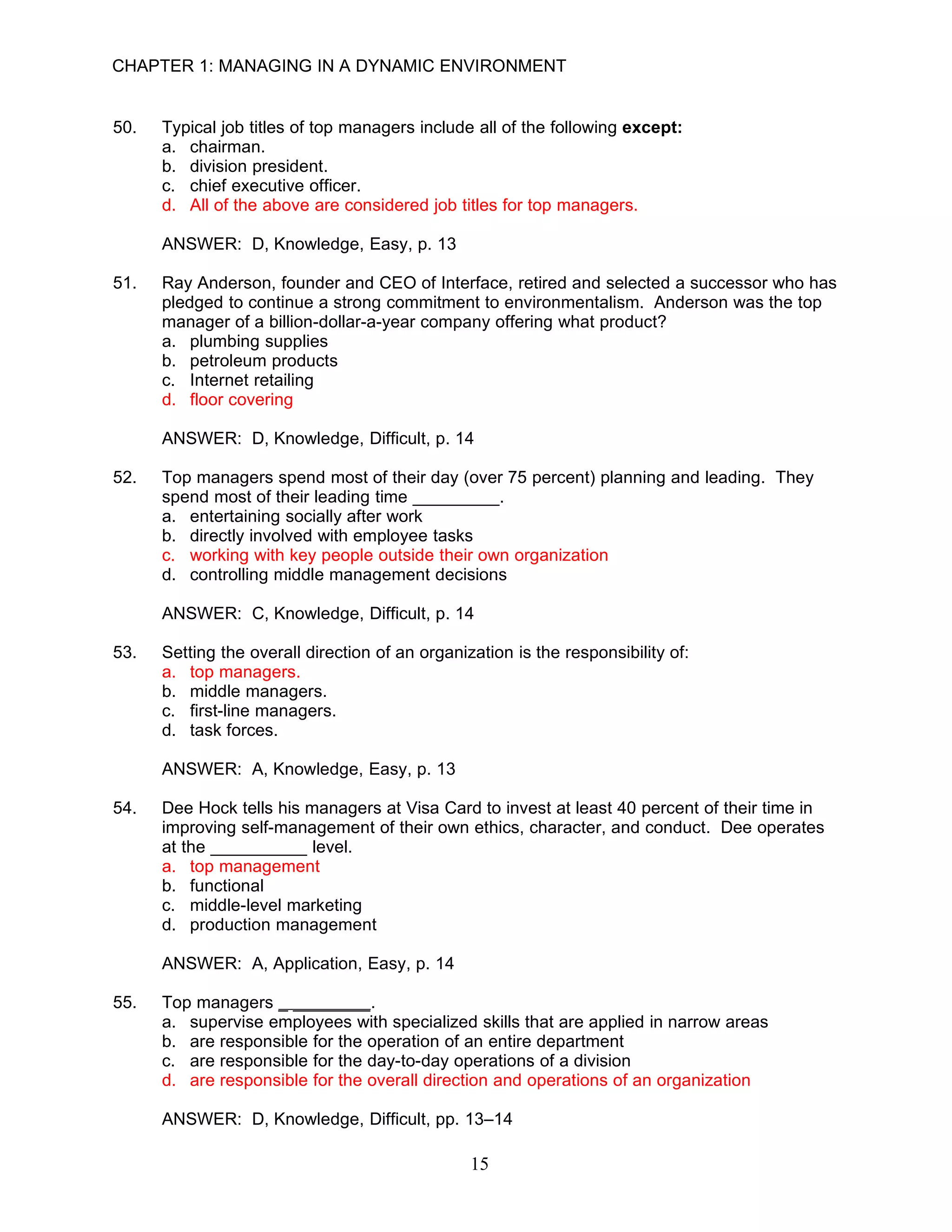 CHAPTER 1: MANAGING IN A DYNAMIC ENVIRONMENT


50.   Typical job titles of top managers include all of the following except:
      a. chairman.
      b. division president.
      c. chief executive officer.
      d. All of the above are considered job titles for top managers.

      ANSWER: D, Knowledge, Easy, p. 13

51.   Ray Anderson, founder and CEO of Interface, retired and selected a successor who has
      pledged to continue a strong commitment to environmentalism. Anderson was the top
      manager of a billion-dollar-a-year company offering what product?
      a. plumbing supplies
      b. petroleum products
      c. Internet retailing
      d. floor covering

      ANSWER: D, Knowledge, Difficult, p. 14

52.   Top managers spend most of their day (over 75 percent) planning and leading. They
      spend most of their leading time _________.
      a. entertaining socially after work
      b. directly involved with employee tasks
      c. working with key people outside their own organization
      d. controlling middle management decisions

      ANSWER: C, Knowledge, Difficult, p. 14

53.   Setting the overall direction of an organization is the responsibility of:
      a. top managers.
      b. middle managers.
      c. first-line managers.
      d. task forces.

      ANSWER: A, Knowledge, Easy, p. 13

54.   Dee Hock tells his managers at Visa Card to invest at least 40 percent of their time in
      improving self-management of their own ethics, character, and conduct. Dee operates
      at the __________ level.
      a. top management
      b. functional
      c. middle-level marketing
      d. production management

      ANSWER: A, Application, Easy, p. 14

55.   Top managers _ ________.
      a. supervise employees with specialized skills that are applied in narrow areas
      b. are responsible for the operation of an entire department
      c. are responsible for the day-to-day operations of a division
      d. are responsible for the overall direction and operations of an organization

      ANSWER: D, Knowledge, Difficult, pp. 13–14

                                                 15
 