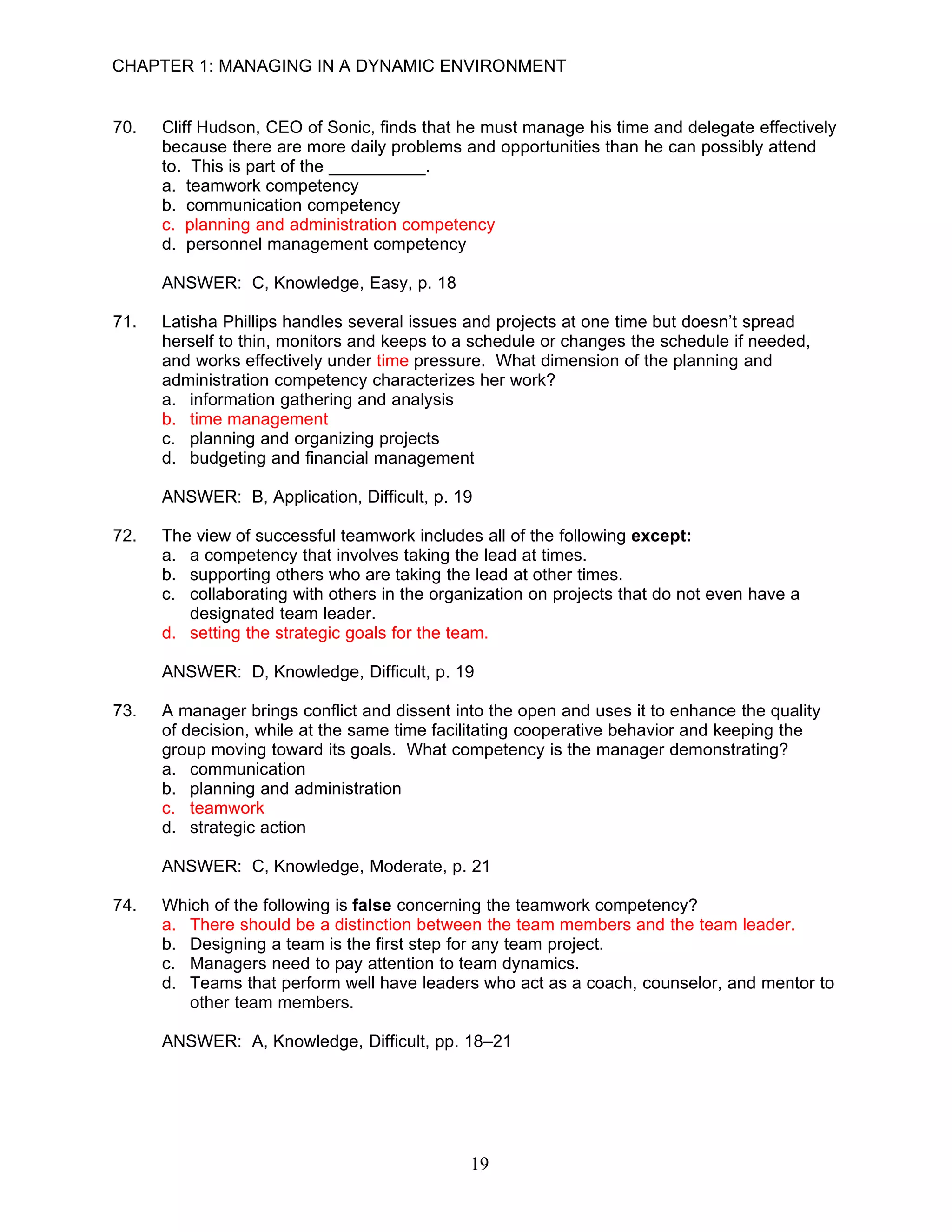 CHAPTER 1: MANAGING IN A DYNAMIC ENVIRONMENT


70.   Cliff Hudson, CEO of Sonic, finds that he must manage his time and delegate effectively
      because there are more daily problems and opportunities than he can possibly attend
      to. This is part of the __________.
      a. teamwork competency
      b. communication competency
      c. planning and administration competency
      d. personnel management competency

      ANSWER: C, Knowledge, Easy, p. 18

71.   Latisha Phillips handles several issues and projects at one time but doesn’t spread
      herself to thin, monitors and keeps to a schedule or changes the schedule if needed,
      and works effectively under time pressure. What dimension of the planning and
      administration competency characterizes her work?
      a. information gathering and analysis
      b. time management
      c. planning and organizing projects
      d. budgeting and financial management

      ANSWER: B, Application, Difficult, p. 19

72.   The view of successful teamwork includes all of the following except:
      a. a competency that involves taking the lead at times.
      b. supporting others who are taking the lead at other times.
      c. collaborating with others in the organization on projects that do not even have a
         designated team leader.
      d. setting the strategic goals for the team.

      ANSWER: D, Knowledge, Difficult, p. 19

73.   A manager brings conflict and dissent into the open and uses it to enhance the quality
      of decision, while at the same time facilitating cooperative behavior and keeping the
      group moving toward its goals. What competency is the manager demonstrating?
      a. communication
      b. planning and administration
      c. teamwork
      d. strategic action

      ANSWER: C, Knowledge, Moderate, p. 21

74.   Which of the following is false concerning the teamwork competency?
      a. There should be a distinction between the team members and the team leader.
      b. Designing a team is the first step for any team project.
      c. Managers need to pay attention to team dynamics.
      d. Teams that perform well have leaders who act as a coach, counselor, and mentor to
         other team members.

      ANSWER: A, Knowledge, Difficult, pp. 18–21




                                              19
 