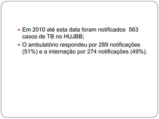 Em 2010 até esta data foram notificados  563 casos de TB no HUJBB;O ambulatório respondeu por 289 notificações (51%) e a internação por 274 notificações (49%).