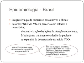 Sexo masculino 2:1;Epidemiologia - BrasilProgressiva queda números : casos novos e óbitos;Fatores:PNCT do MS em parceria com estados e municípios;                 descentralização das ações de atenção ao paciente;                Mudança no tratamento e adesão do paciente;                A expansão da cobertura da estratégia TDO;Hoje, 43% dos casos novos são acompanhados; em 2002 eram apenas 3,3%.86% dos municípios prioritários, que concentram 70% dos casos de tuberculose, adotam o TDO como estratégia para aumentar o percentual de cura da doença.