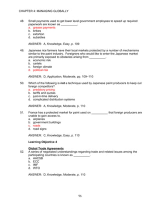 CHAPTER 4: MANAGING GLOBALLY


48.   Small payments used to get lower level government employees to speed up required
      paperwork are known as __________.
      a. grease payments
      b. bribes
      c. extortion
      d. subsidies

      ANSWER: A, Knowledge, Easy, p. 109

49.   Japanese rice farmers have their local markets protected by a number of mechanisms
      similar to the paint industry. Foreigners who would like to enter the Japanese market
      are primarily exposed to obstacles arising from __________.
      a. economic risk
      b. cartels
      c. foreign climate
      d. political risk

      ANSWER: D, Application, Moderate, pp. 109–110

50.   Which of the following is not a technique used by Japanese paint producers to keep out
      foreign competitors?
      a. predatory pricing
      b. tariffs and quotas
      c. just-in-time delivery
      d. complicated distribution systems

      ANSWER: A, Knowledge, Moderate, p. 110

51.   France has a protected market for paint used on __________ that foreign producers are
      unable to gain access to.
      a. airplanes
      b. government buildings
      c. roads
      d. road signs

      ANSWER: C, Knowledge, Easy, p. 110

      Learning Objective 4

      Global Trade Agreements
52.   A series of negotiated understandings regarding trade and related issues among the
      participating countries is known as __________.
      a. AACSB
      b. ECC
      c. IMF
      d. WTO

      ANSWER: D, Knowledge, Moderate, p. 110




                                            96
 