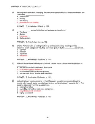 CHAPTER 4: MANAGING GLOBALLY


17.   Although their attitude is changing, for many managers in Mexico, time commitments are
      considered ___________________.
      a. undesirable
      b. binding
      c. not binding
      d. desirable but not binding

      ANSWER: D, Knowledge, Difficult, p. 102

18.   ______________ serves to bind as well as to separate cultures.
      a. The Euro
      b. Quotas
      c. Language
      d. Status system

      ANSWER: C, Knowledge, Easy, p. 102

19.   Charlie Parker’s habit of putting his feet up on the desk during meetings will be
      perceived as an egregiously insulting nonverbal gesture by his __________ coworkers.
      a. German
      b. Mexican
      c. Japanese
      d. Jordanian

      ANSWER: D, Knowledge, Moderate, p. 102

20.   Motorola’s managers in Malaysia found that cultural forces caused local employees to
      __________.
      a. not communicate honestly with Americans
      b. try to avoid making decisions
      c. be disrespectful to the women workers
      d. not complain about unsafe work conditions

      ANSWER: B, Application, Moderate, p. 105

21.   Motorola’s team building initiative in their Malaysian operation emphasized treating
      people with respect, giving rewards to achievers, and sharing every success story. The
      outcome observed from this approach was __________.
      a. a complete failure
      b. copied by many other Malaysian companies
      c. only effective with one team
      d. highly successful

      ANSWER: C, Knowledge, Moderate, p. 105




                                            90
 