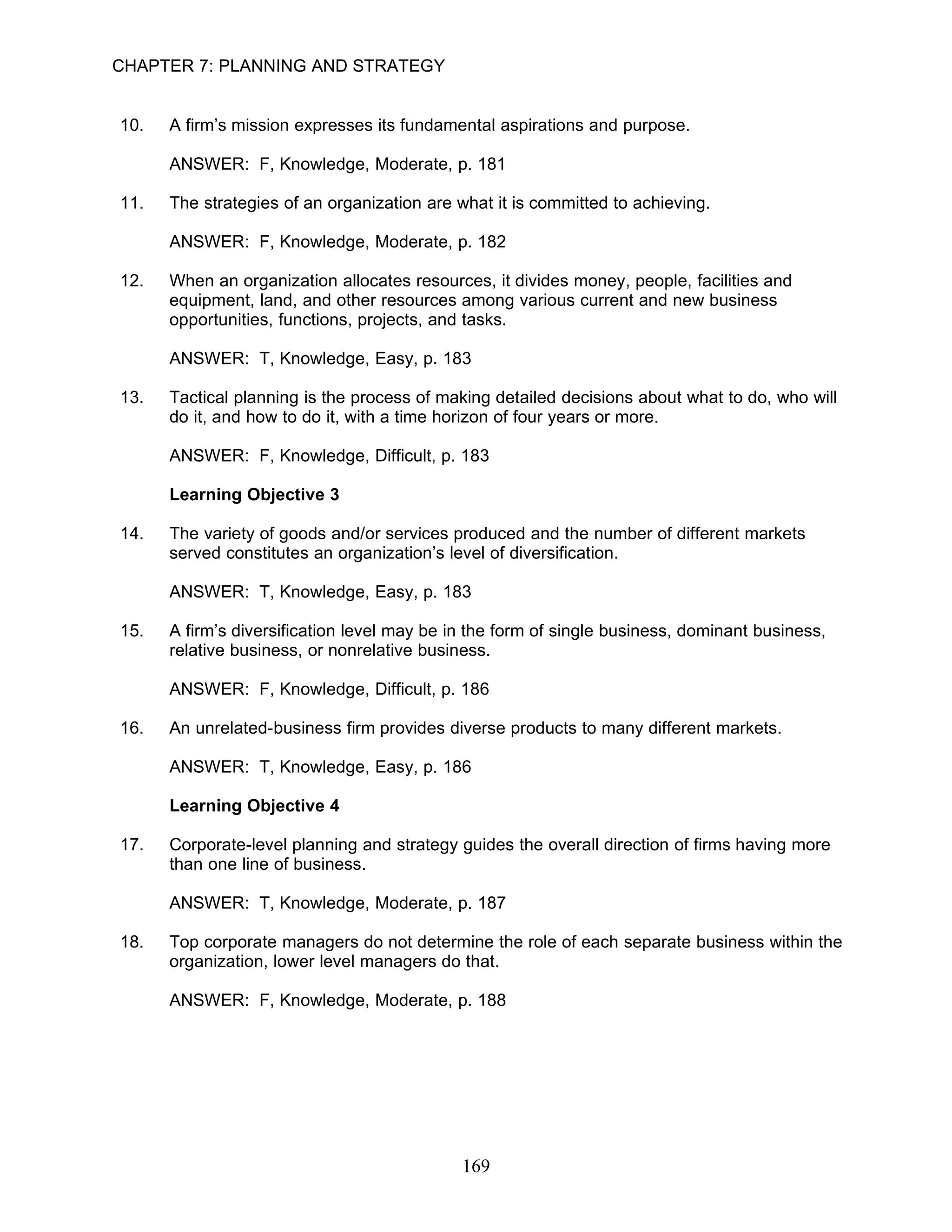 CHAPTER 7: PLANNING AND STRATEGY


10.   A firm’s mission expresses its fundamental aspirations and purpose.

      ANSWER: F, Knowledge, Moderate, p. 181

11.   The strategies of an organization are what it is committed to achieving.

      ANSWER: F, Knowledge, Moderate, p. 182

12.   When an organization allocates resources, it divides money, people, facilities and
      equipment, land, and other resources among various current and new business
      opportunities, functions, projects, and tasks.

      ANSWER: T, Knowledge, Easy, p. 183

13.   Tactical planning is the process of making detailed decisions about what to do, who will
      do it, and how to do it, with a time horizon of four years or more.

      ANSWER: F, Knowledge, Difficult, p. 183

      Learning Objective 3

14.   The variety of goods and/or services produced and the number of different markets
      served constitutes an organization’s level of diversification.

      ANSWER: T, Knowledge, Easy, p. 183

15.   A firm’s diversification level may be in the form of single business, dominant business,
      relative business, or nonrelative business.

      ANSWER: F, Knowledge, Difficult, p. 186

16.   An unrelated-business firm provides diverse products to many different markets.

      ANSWER: T, Knowledge, Easy, p. 186

      Learning Objective 4

17.   Corporate-level planning and strategy guides the overall direction of firms having more
      than one line of business.

      ANSWER: T, Knowledge, Moderate, p. 187

18.   Top corporate managers do not determine the role of each separate business within the
      organization, lower level managers do that.

      ANSWER: F, Knowledge, Moderate, p. 188




                                             169
 