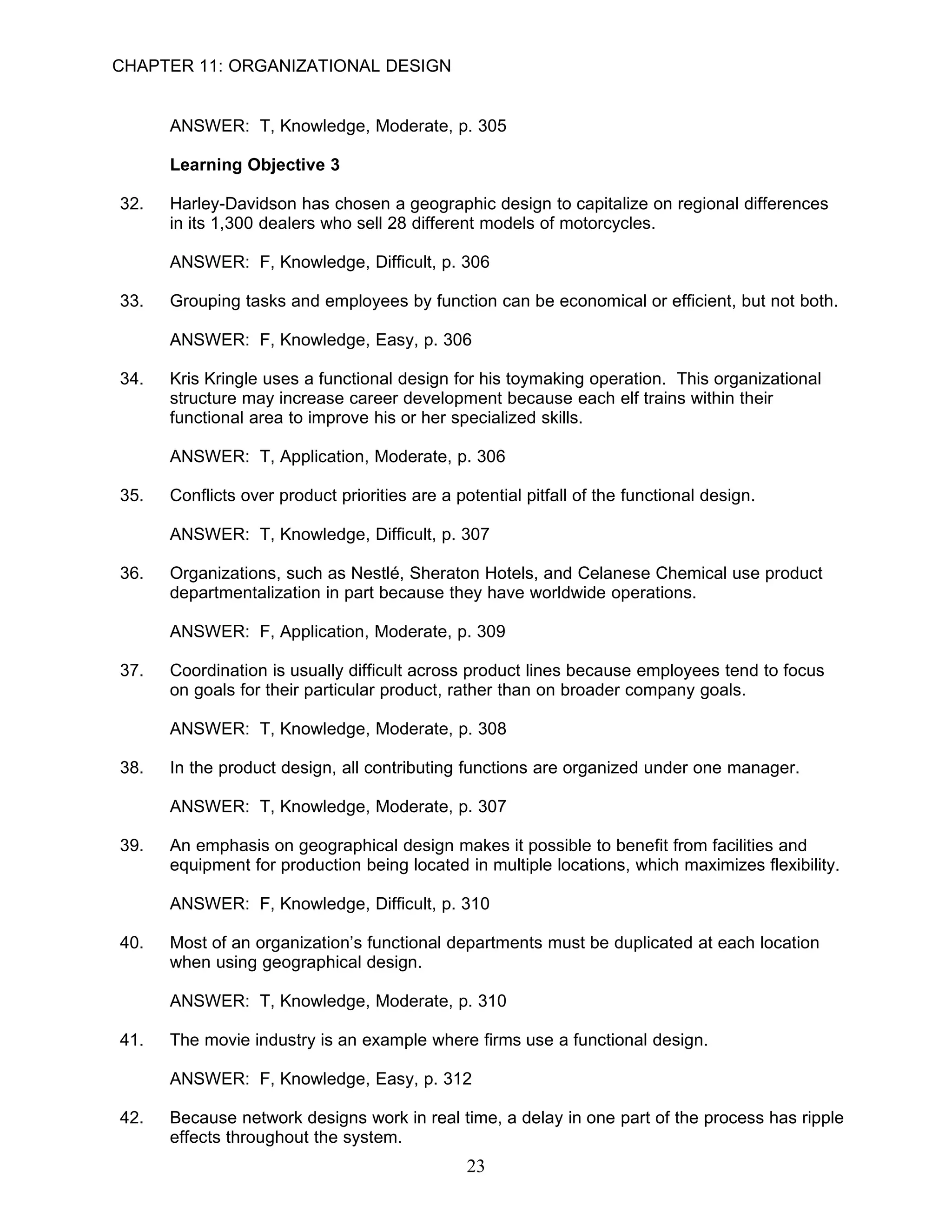 CHAPTER 11: ORGANIZATIONAL DESIGN


      ANSWER: T, Knowledge, Moderate, p. 305

      Learning Objective 3

32.   Harley-Davidson has chosen a geographic design to capitalize on regional differences
      in its 1,300 dealers who sell 28 different models of motorcycles.

      ANSWER: F, Knowledge, Difficult, p. 306

33.   Grouping tasks and employees by function can be economical or efficient, but not both.

      ANSWER: F, Knowledge, Easy, p. 306

34.   Kris Kringle uses a functional design for his toymaking operation. This organizational
      structure may increase career development because each elf trains within their
      functional area to improve his or her specialized skills.

      ANSWER: T, Application, Moderate, p. 306

35.   Conflicts over product priorities are a potential pitfall of the functional design.

      ANSWER: T, Knowledge, Difficult, p. 307

36.   Organizations, such as Nestlé, Sheraton Hotels, and Celanese Chemical use product
      departmentalization in part because they have worldwide operations.

      ANSWER: F, Application, Moderate, p. 309

37.   Coordination is usually difficult across product lines because employees tend to focus
      on goals for their particular product, rather than on broader company goals.

      ANSWER: T, Knowledge, Moderate, p. 308

38.   In the product design, all contributing functions are organized under one manager.

      ANSWER: T, Knowledge, Moderate, p. 307

39.   An emphasis on geographical design makes it possible to benefit from facilities and
      equipment for production being located in multiple locations, which maximizes flexibility.

      ANSWER: F, Knowledge, Difficult, p. 310

40.   Most of an organization’s functional departments must be duplicated at each location
      when using geographical design.

      ANSWER: T, Knowledge, Moderate, p. 310

41.   The movie industry is an example where firms use a functional design.

      ANSWER: F, Knowledge, Easy, p. 312

42.   Because network designs work in real time, a delay in one part of the process has ripple
      effects throughout the system.
                                                23
 
