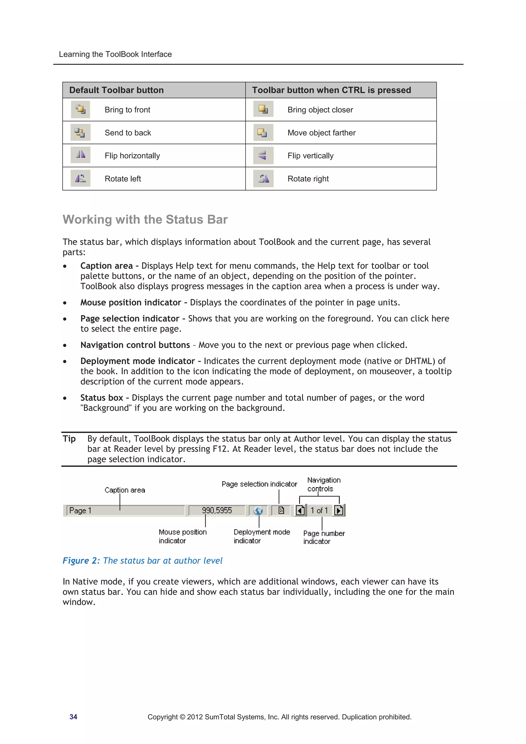 Learning the ToolBook Interface 
Default Toolbar button Toolbar button when CTRL is pressed 
Bring to front Bring object closer 
Send to back Move object farther 
Flip horizontally Flip vertically 
Rotate left Rotate right 
Working with the Status Bar 
The status bar, which displays information about ToolBook and the current page, has several 
parts: 
x Caption area – Displays Help text for menu commands, the Help text for toolbar or tool 
palette buttons, or the name of an object, depending on the position of the pointer. 
ToolBook also displays progress messages in the caption area when a process is under way. 
x Mouse position indicator – Displays the coordinates of the pointer in page units. 
x Page selection indicator – Shows that you are working on the foreground. You can click here 
to select the entire page. 
x Navigation control buttons – Move you to the next or previous page when clicked. 
x Deployment mode indicator – Indicates the current deployment mode (native or DHTML) of 
the book. In addition to the icon indicating the mode of deployment, on mouseover, a tooltip 
description of the current mode appears. 
x Status box – Displays the current page number and total number of pages, or the word 
Background if you are working on the background. 
Tip By default, ToolBook displays the status bar only at Author level. You can display the status 
bar at Reader level by pressing F12. At Reader level, the status bar does not include the 
page selection indicator. 
Figure 2: The status bar at author level 
In Native mode, if you create viewers, which are additional windows, each viewer can have its 
own status bar. You can hide and show each status bar individually, including the one for the main 
window. 
34 Copyright © 2012 SumTotal Systems, Inc. All rights reserved. Duplication prohibited. 
 
