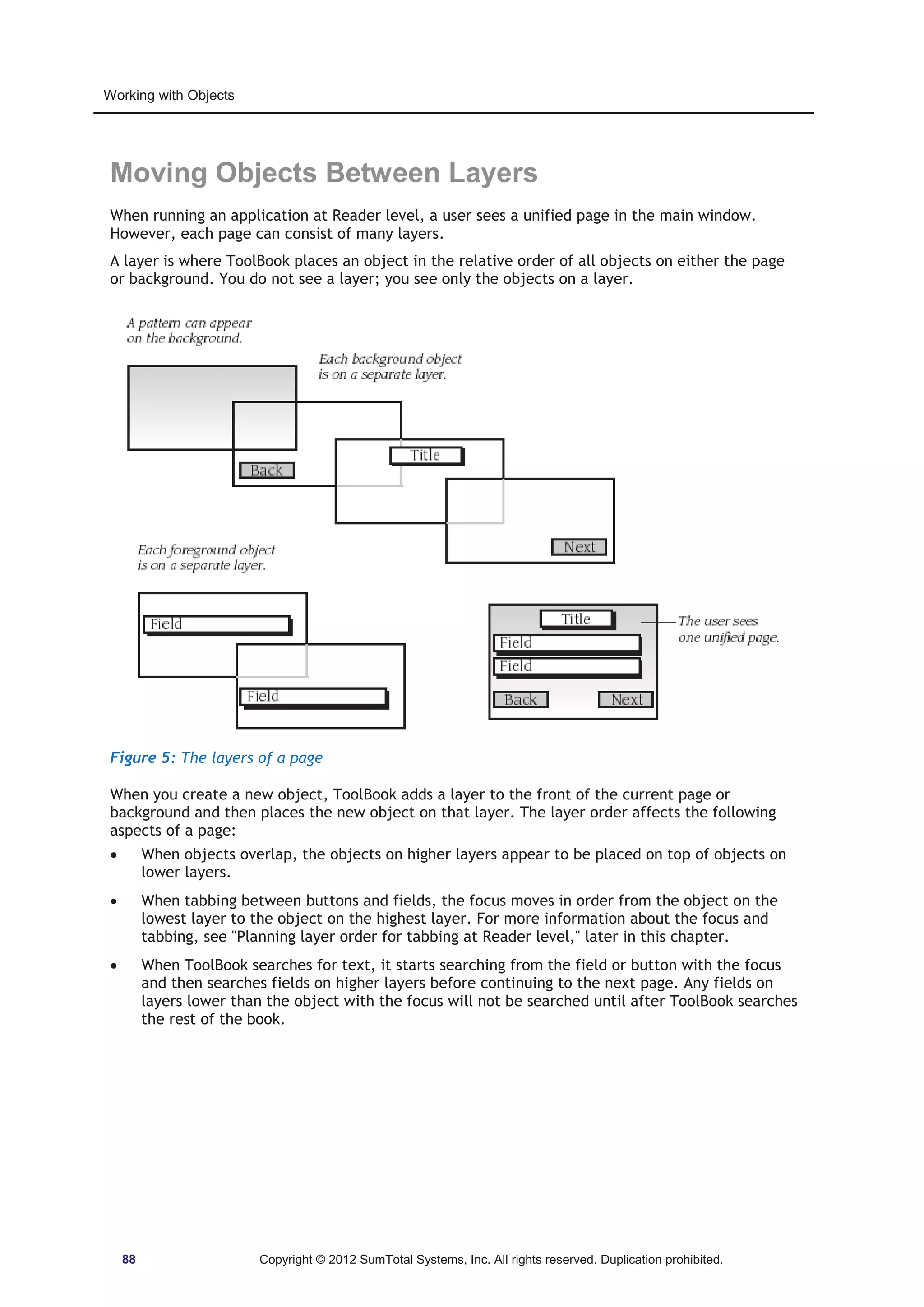 Working with Objects 
Moving Objects Between Layers 
When running an application at Reader level, a user sees a unified page in the main window. 
However, each page can consist of many layers. 
A layer is where ToolBook places an object in the relative order of all objects on either the page 
or background. You do not see a layer; you see only the objects on a layer. 
Figure 5: The layers of a page 
When you create a new object, ToolBook adds a layer to the front of the current page or 
background and then places the new object on that layer. The layer order affects the following 
aspects of a page: 
x When objects overlap, the objects on higher layers appear to be placed on top of objects on 
lower layers. 
x When tabbing between buttons and fields, the focus moves in order from the object on the 
lowest layer to the object on the highest layer. For more information about the focus and 
tabbing, see Planning layer order for tabbing at Reader level, later in this chapter. 
x When ToolBook searches for text, it starts searching from the field or button with the focus 
and then searches fields on higher layers before continuing to the next page. Any fields on 
layers lower than the object with the focus will not be searched until after ToolBook searches 
the rest of the book. 
88 Copyright © 2012 SumTotal Systems, Inc. All rights reserved. Duplication prohibited. 
 