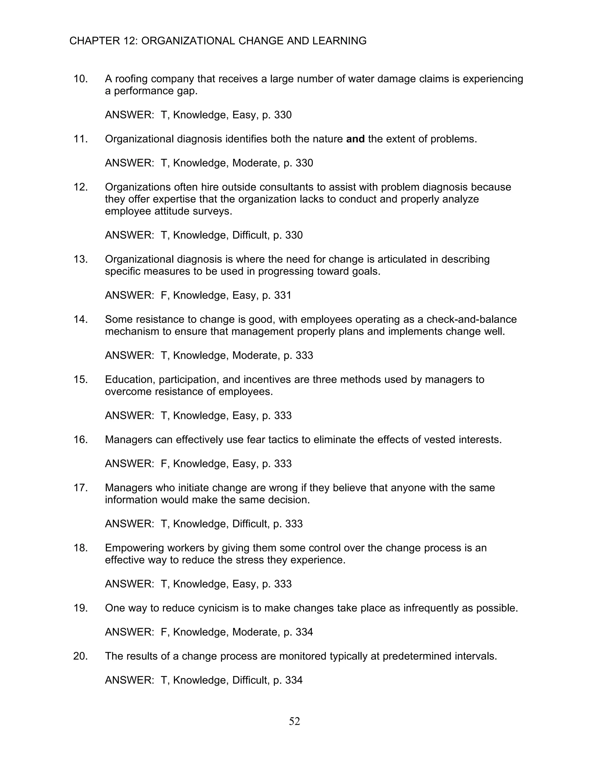CHAPTER 12: ORGANIZATIONAL CHANGE AND LEARNING


10.   A roofing company that receives a large number of water damage claims is experiencing
      a performance gap.

      ANSWER: T, Knowledge, Easy, p. 330

11.   Organizational diagnosis identifies both the nature and the extent of problems.

      ANSWER: T, Knowledge, Moderate, p. 330

12.   Organizations often hire outside consultants to assist with problem diagnosis because
      they offer expertise that the organization lacks to conduct and properly analyze
      employee attitude surveys.

      ANSWER: T, Knowledge, Difficult, p. 330

13.   Organizational diagnosis is where the need for change is articulated in describing
      specific measures to be used in progressing toward goals.

      ANSWER: F, Knowledge, Easy, p. 331

14.   Some resistance to change is good, with employees operating as a check-and-balance
      mechanism to ensure that management properly plans and implements change well.

      ANSWER: T, Knowledge, Moderate, p. 333

15.   Education, participation, and incentives are three methods used by managers to
      overcome resistance of employees.

      ANSWER: T, Knowledge, Easy, p. 333

16.   Managers can effectively use fear tactics to eliminate the effects of vested interests.

      ANSWER: F, Knowledge, Easy, p. 333

17.   Managers who initiate change are wrong if they believe that anyone with the same
      information would make the same decision.

      ANSWER: T, Knowledge, Difficult, p. 333

18.   Empowering workers by giving them some control over the change process is an
      effective way to reduce the stress they experience.

      ANSWER: T, Knowledge, Easy, p. 333

19.   One way to reduce cynicism is to make changes take place as infrequently as possible.

      ANSWER: F, Knowledge, Moderate, p. 334

20.   The results of a change process are monitored typically at predetermined intervals.

      ANSWER: T, Knowledge, Difficult, p. 334


                                              52
 