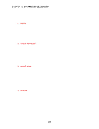 CHAPTER 15: DYNAMICS OF LEADERSHIP

55.   Beau Nash is the Chief Chef for a large convention hotel. He uses his own expertise,
      together with information collected from the hotel’s conference coordinators to solve
      problems. Nash then makes his decision and announces it to the conference team. Nash
      is using the __________ style of leadership identified in the Vroom–Jago leadership model.
      a. consult individually
      b. consult team
      c. decide
      d. facilitate

      ANSWER: C, Application, Moderate, p. 430

56.   Sarah Payne is a travel consultant for a very large firm. When Sarah confronts a problem,
      she presents the problem to her team members individually, getting their ideas and
      suggestions without bringing them together as a group. Sarah is using the __________
      style of leadership identified in the Vroom–Jago leadership model.
      a. consult separately
      b. consult individually
      c. consult independently
      d. consult exclusively

      ANSWER: B, Application, Moderate, p. 430

57.   Vanessa Riggs is the dispatcher for a large sanitation company. When Vanessa confronts
      a problem, she gathers all of her drivers in a meeting, gets their suggestions, and then
      makes a decision. Vanessa is using the __________ style of leadership identified in the
      Vroom–Jago leadership model.
      a. consult team
      b. consult group
      c. consult members
      d. collective consultation

      ANSWER: B, Application, Moderate, p. 430

58.   Michael Baker is the head of the Management Department at Westchester Community
      College. He often runs into problems when developing the faculty teaching schedule. When
      this happens, Michael presents the problem to the faculty and acts as a facilitator, defining
      the problem to be solved and the constraints within which the decision must be made.
      Michael is using the __________ style of leadership identified in the Vroom–Jago
      leadership model.
      a. facilitate
      b. expedite
      c. assist
      d. promote

      ANSWER: A, Application, Moderate, pp. 430–431




                                            157
 