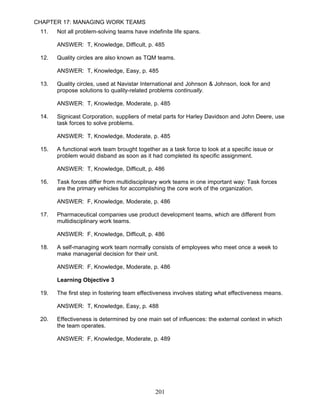CHAPTER 17: MANAGING WORK TEAMS
 11.   Not all problem-solving teams have indefinite life spans.

       ANSWER: T, Knowledge, Difficult, p. 485

 12.   Quality circles are also known as TQM teams.

       ANSWER: T, Knowledge, Easy, p. 485

 13.   Quality circles, used at Navistar International and Johnson & Johnson, look for and
       propose solutions to quality-related problems continually.

       ANSWER: T, Knowledge, Moderate, p. 485

 14.   Signicast Corporation, suppliers of metal parts for Harley Davidson and John Deere, use
       task forces to solve problems.

       ANSWER: T, Knowledge, Moderate, p. 485

 15.   A functional work team brought together as a task force to look at a specific issue or
       problem would disband as soon as it had completed its specific assignment.

       ANSWER: T, Knowledge, Difficult, p. 486

 16.   Task forces differ from multidisciplinary work teams in one important way: Task forces
       are the primary vehicles for accomplishing the core work of the organization.

       ANSWER: F, Knowledge, Moderate, p. 486

 17.   Pharmaceutical companies use product development teams, which are different from
       multidisciplinary work teams.

       ANSWER: F, Knowledge, Difficult, p. 486

 18.   A self-managing work team normally consists of employees who meet once a week to
       make managerial decision for their unit.

       ANSWER: F, Knowledge, Moderate, p. 486

       Learning Objective 3

 19.   The first step in fostering team effectiveness involves stating what effectiveness means.

       ANSWER: T, Knowledge, Easy, p. 488

 20.   Effectiveness is determined by one main set of influences: the external context in which
       the team operates.

       ANSWER: F, Knowledge, Moderate, p. 489




                                              201
 