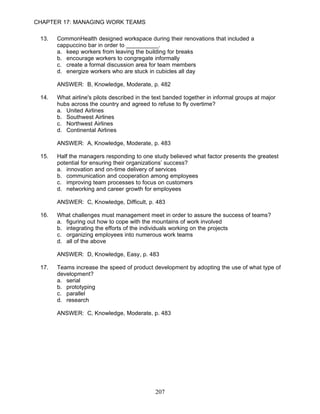 CHAPTER 17: MANAGING WORK TEAMS

 13.   CommonHealth designed workspace during their renovations that included a
       cappuccino bar in order to __________.
       a. keep workers from leaving the building for breaks
       b. encourage workers to congregate informally
       c. create a formal discussion area for team members
       d. energize workers who are stuck in cubicles all day

       ANSWER: B, Knowledge, Moderate, p. 482

 14.   What airline's pilots described in the text banded together in informal groups at major
       hubs across the country and agreed to refuse to fly overtime?
       a. United Airlines
       b. Southwest Airlines
       c. Northwest Airlines
       d. Continental Airlines

       ANSWER: A, Knowledge, Moderate, p. 483

 15.   Half the managers responding to one study believed what factor presents the greatest
       potential for ensuring their organizations’ success?
       a. innovation and on-time delivery of services
       b. communication and cooperation among employees
       c. improving team processes to focus on customers
       d. networking and career growth for employees

       ANSWER: C, Knowledge, Difficult, p. 483

 16.   What challenges must management meet in order to assure the success of teams?
       a. figuring out how to cope with the mountains of work involved
       b. integrating the efforts of the individuals working on the projects
       c. organizing employees into numerous work teams
       d. all of the above

       ANSWER: D, Knowledge, Easy, p. 483

 17.   Teams increase the speed of product development by adopting the use of what type of
       development?
       a. serial
       b. prototyping
       c. parallel
       d. research

       ANSWER: C, Knowledge, Moderate, p. 483




                                              207
 