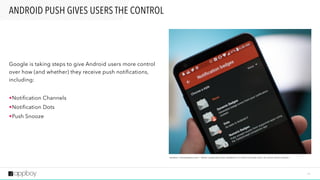 2 4
ANDROID PUSH GIVES USERS THE CONTROL
S O U R C E : 9 TO 5 G O O G L E 2 0 1 7 “ N O VA L A U N C H E R A D D S A N D R O I D O ’ S N OT I F I C AT I O N D OT S I N L AT E S T B E TA U P DAT E ”
Google is taking steps to give Android users more control
over how (and whether) they receive push notifications,
including:
•Notification Channels
•Notification Dots
•Push Snooze
 