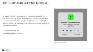 2 5
APPLE CHANGES THE APP STORE EXPERIENCE
S O U R C E : 9 TO 5 M A C 2 0 1 7 “A P P S TO R E N O W R E Q U I R E S D E V E LO P E R S TO U S E O F F I C I A L A P I TO R E Q U E S T A P P
R AT I N G S , D I S A L LO W S C U S TO M P R O M P T S ”
At WWDC, Apple’s overhaul of its iconic App Store for iOS 11
was one of the big stories. In addition to a new visual interface
and a separate “Games” tab, the App Store has a couple of
features that are of particular interest to marketing, growth, and
engagement teams:
•App Store ratings API
•App Rating Reset Options
 