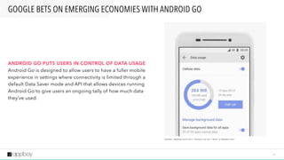 2 8
ANDROID GO PUTS USERS IN CONTROL OF DATA USAGE 
Android Go is designed to allow users to have a fuller mobile
experience in settings where connectivity is limited through a
default Data Saver mode and API that allows devices running
Android Go to give users an ongoing tally of how much data
they’ve used.
GOOGLE BETS ON EMERGING ECONOMIES WITH ANDROID GO
S O U R C E : A N D R O I D G U Y S 2 0 1 7 “ G O O G L E I / O 2 0 1 7 : W H AT I S A N D R O I D G O ? ”
 