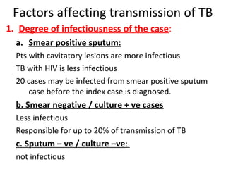 Factors affecting transmission of TB
1. Degree of infectiousness of the case:
a. Smear positive sputum:
Pts with cavitatory lesions are more infectious
TB with HIV is less infectious
20 cases may be infected from smear positive sputum
case before the index case is diagnosed.
b. Smear negative / culture + ve cases
Less infectious
Responsible for up to 20% of transmission of TB
c. Sputum – ve / culture –ve:
not infectious
 