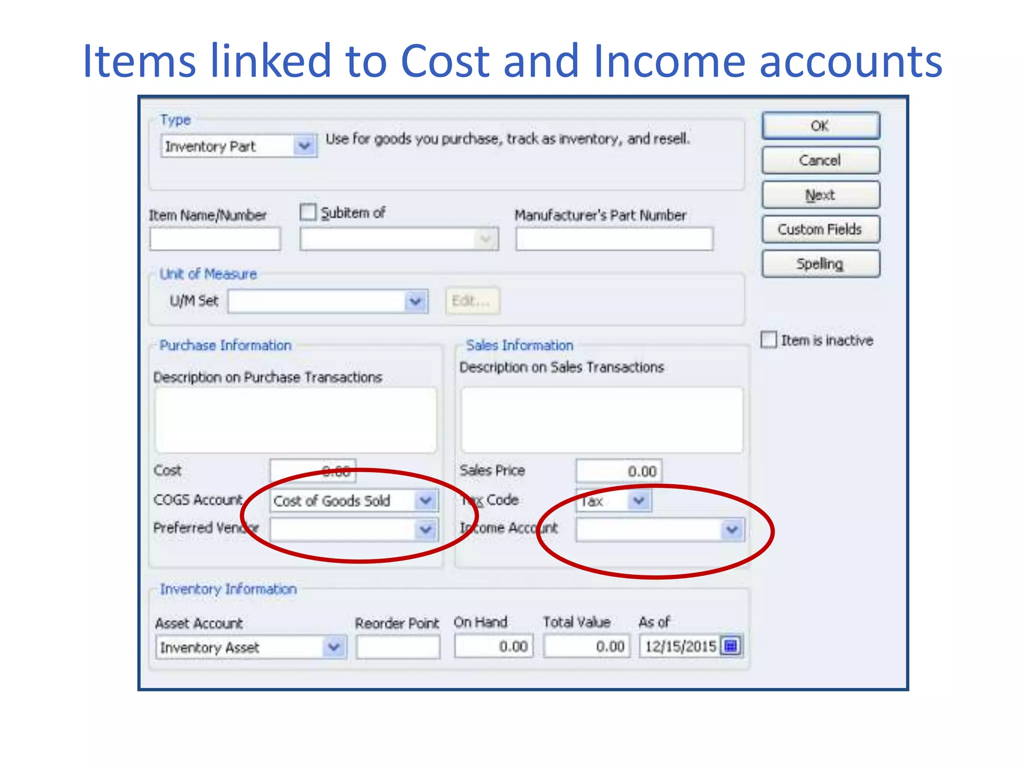 Items linked to Cost and Income accounts
 