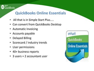 QuickBooks Online Essentials
• All that is in Simple Start Plus…..
• Can convert from QuickBooks Desktop
• Automatic Invoicing
• Accounts payable
• Delayed Billing
• Scorecard / industry trends
• User permissions
• 40+ business reports
• 3 users + 2 accountant user
 