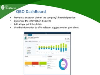 QBO DashBoard
• Provides a snapshot view of the company’s financial position
• Customize the information displayed
• Add a logo; print the details
• Use the information to offer relevant suggestions for your client
 