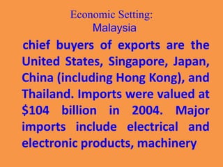 Economic Setting:
Malaysia
chief buyers of exports are the
United States, Singapore, Japan,
China (including Hong Kong), and
Thailand. Imports were valued at
$104 billion in 2004. Major
imports include electrical and
electronic products, machinery
 