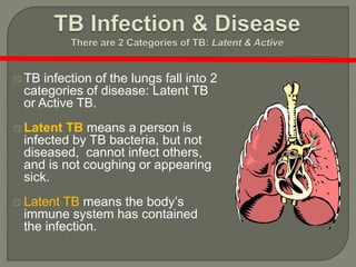  TB infection of the lungs fall into 2
categories of disease: Latent TB
or Active TB.
 Latent TB means a person is
infected by TB bacteria, but not
diseased, cannot infect others,
and is not coughing or appearing
sick.
 Latent TB means the body’s
immune system has contained
the infection.
 