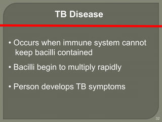 32
TB Disease
• Occurs when immune system cannot
keep bacilli contained
• Bacilli begin to multiply rapidly
• Person develops TB symptoms
 