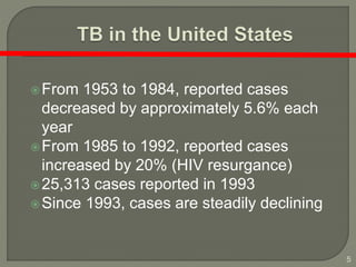5
From 1953 to 1984, reported cases
decreased by approximately 5.6% each
year
From 1985 to 1992, reported cases
increased by 20% (HIV resurgance)
25,313 cases reported in 1993
Since 1993, cases are steadily declining
 