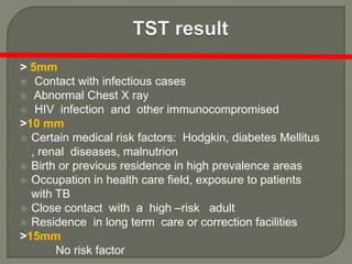 > 5mm
 Contact with infectious cases
 Abnormal Chest X ray
 HIV infection and other immunocompromised
>10 mm
 Certain medical risk factors: Hodgkin, diabetes Mellitus
, renal diseases, malnutrion
 Birth or previous residence in high prevalence areas
 Occupation in health care field, exposure to patients
with TB
 Close contact with a high –risk adult
 Residence in long term care or correction facilities
>15mm
No risk factor
 