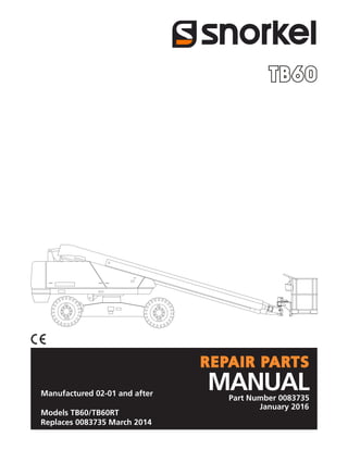 January 2016
Part Number 0083735
MANUAL
REPAIR PARTS
Manufactured 02-01 and after
Models TB60/TB60RT
Replaces 0083735 March 2014
 