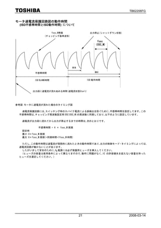 TB62206FG


モータ過電流保護回路図の動作時間
 (ISD不感帯時間とISD動作時間) について

                   fosc_M発振                  出力停止(シャットダウン状態)
                (チョッピング基準波形)

                                                 fosc
                                                （OSC_M)




                                 MIN

          不感帯時間                                 MAX


         ISD BLANK時間                        ISD 動作時間



        出力段に過電流が流れ始める時間(過電流状態Start)




参考図:モータに過電流が流れた場合のタイミング図

  過電流保護回路には､スイッチング時のスパイク電流による誤検出を防ぐために､不感帯時間を設定してます。      この
 不感帯時間は､チョッピング周波数設定用 OSC(OSC_M)の周波数に同期しており､以下のように設定しています。

  過電流が出力段に流れてから出力が停止するまでの時間は､次のとおりです。

            不感帯時間 = 4 × fosc_M 周期
  設定時
  最小:4×fosc_M 周期
  最大:8×fosc_M 周期(+同期時間+1fosc_M 時間)

  ただし､この動作時間は過電流が理想的に流れたときの動作時間であり､出力の制御モード・タイミングによっては､
 過電流回路が働かないことがあります。
  したがいまして安全のために､VM 電源には必ず保護用ヒューズを挿入してください。
  (ヒューズの容量は使用条件によって異なりますので､動作に問題がなく､IC の許容損失を超えない容量を持った
 ヒューズを選定してください。)




                                       21                      2008-03-14
 