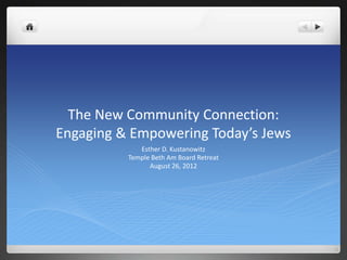 The New Community Connection:
Engaging & Empowering Today’s Jews
             Esther D. Kustanowitz
          Temple Beth Am Board Retreat
                August 26, 2012
 