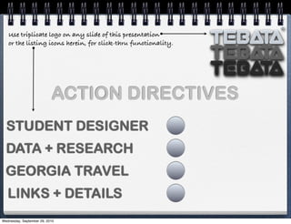 TEbata
TEbata
TEbata
®®
DATA + RESEARCH
GEORGIA TRAVEL
LINKS + DETAILS
Use triplicate logo on any slide of this presentation
or the listing icons herein, for click-thru functionality.
STUDENT DESIGNER
ACTION DIRECTIVES
Wednesday, September 29, 2010
 