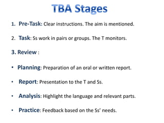 1. Pre-Task: Clear instructions. The aim is mentioned.
2. Task: Ss work in pairs or groups. The T monitors.
3. Review :
• Planning: Preparation of an oral or written report.
• Report: Presentation to the T and Ss.
• Analysis: Highlight the language and relevant parts.
• Practice: Feedback based on the Ss’ needs.
 