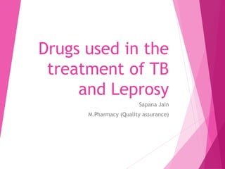 Drugs used in the
treatment of TB
and Leprosy
Sapana Jain
M.Pharmacy (Quality assurance)
 